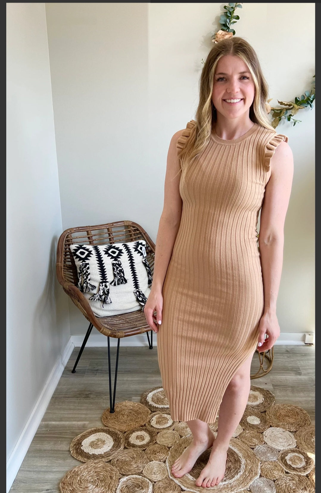 Camel ruffle sleeve dress