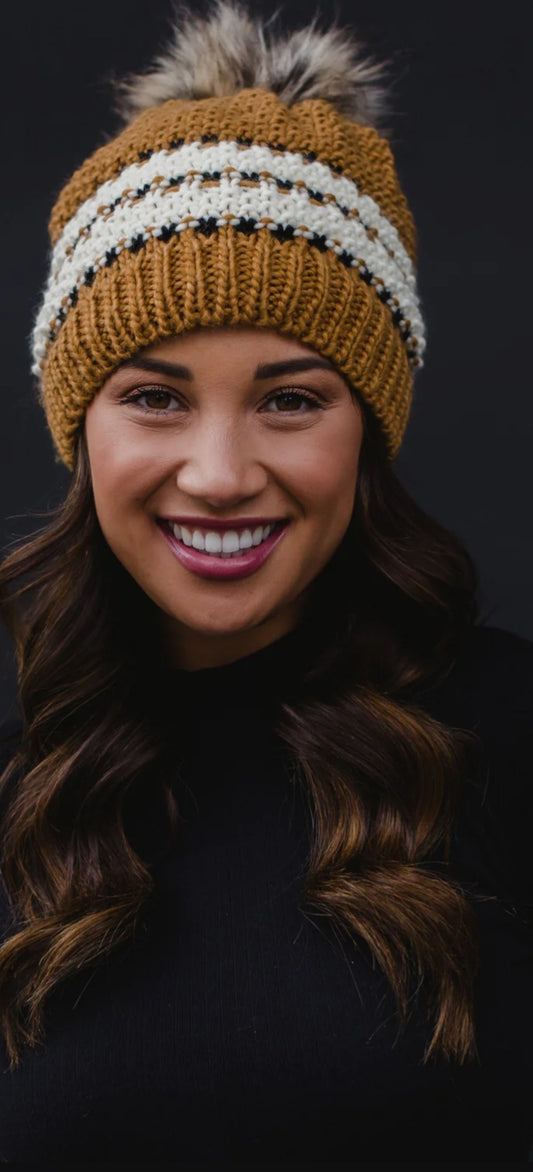 Brown White Stripe Pom Hat